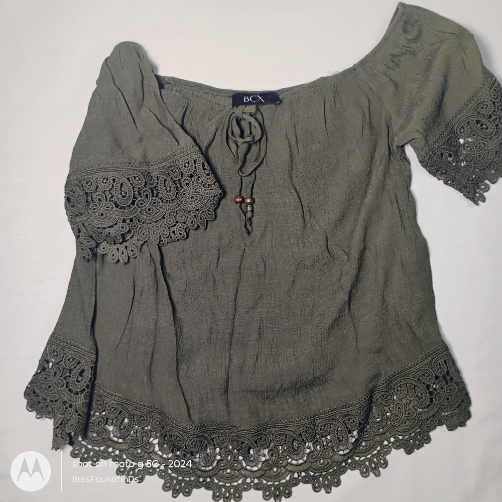 BCX Olive Green Lace Trim Peasant Women's Top - Fairy Whimsy Earth Boho Core